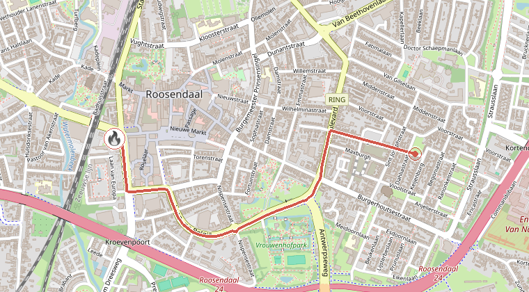 Kaart van de omgeving van de melding, met de kazerne die is gealarmeerd