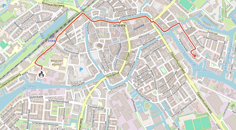 Kaart van de omgeving van de melding, met de kazerne die is gealarmeerd