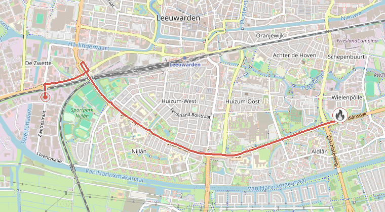 Kaart van de omgeving van de melding, met de kazerne die is gealarmeerd