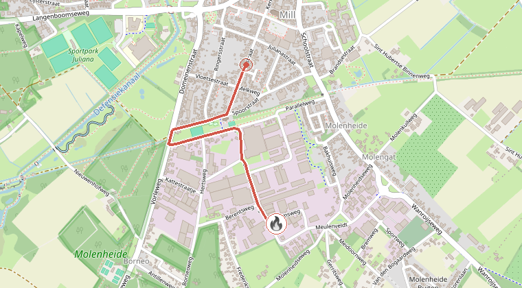 Kaart van de omgeving van de melding, met de kazerne die is gealarmeerd
