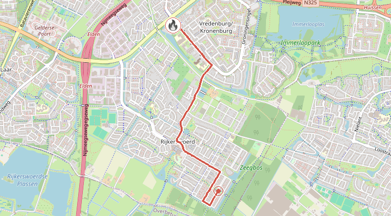 Kaart van de omgeving van de melding, met de kazerne die is gealarmeerd