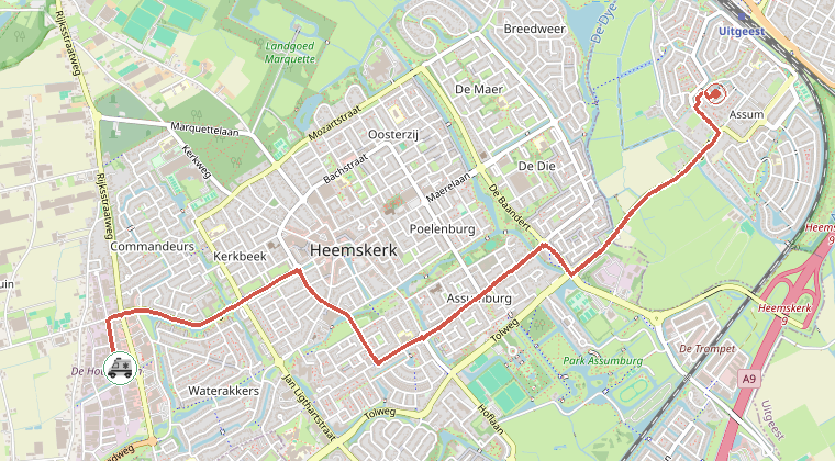 Kaart van de omgeving van de melding, met de kazerne die is gealarmeerd