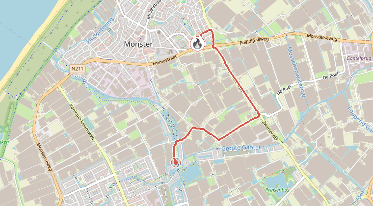Kaart van de omgeving van de melding, met de kazerne die is gealarmeerd