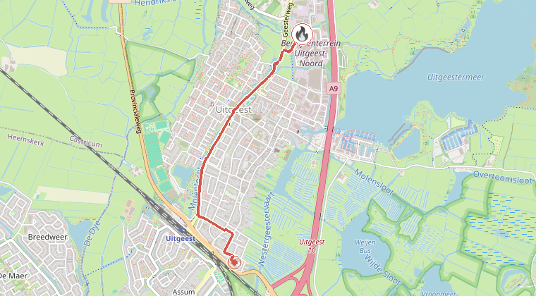 Kaart van de omgeving van de melding, met de kazerne die is gealarmeerd