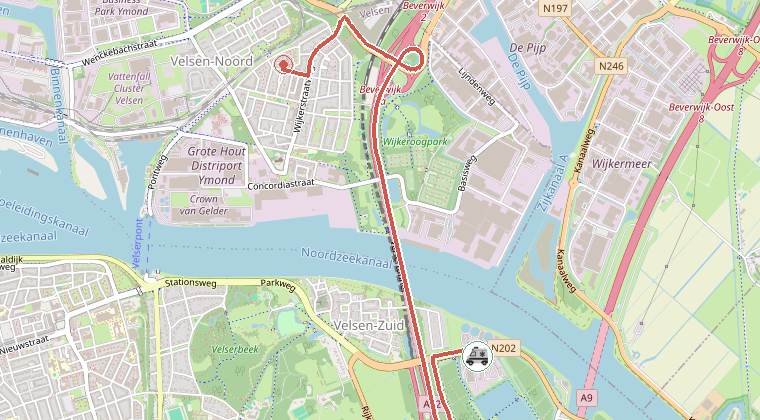 Kaart van de omgeving van de melding, met de kazerne die is gealarmeerd