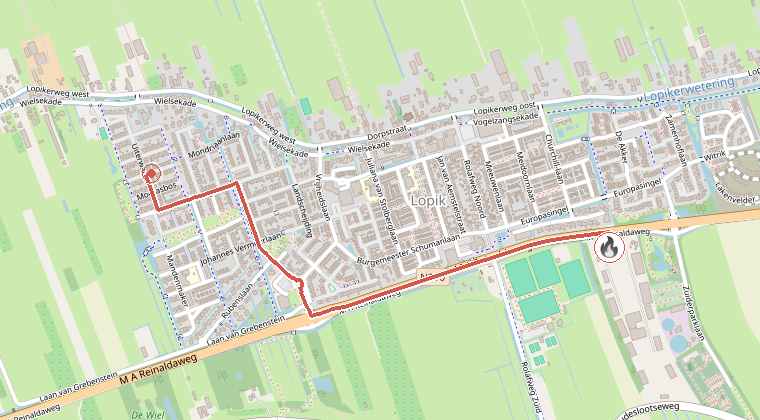 Kaart van de omgeving van de melding, met de kazerne die is gealarmeerd