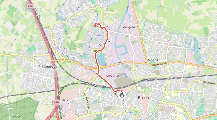 Kaart van de omgeving van de melding, met de kazerne die is gealarmeerd