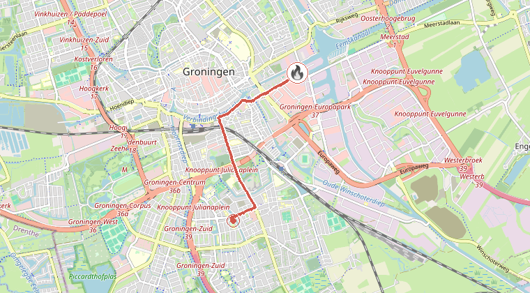 Kaart van de omgeving van de melding, met de kazerne die is gealarmeerd