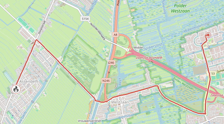 Kaart van de omgeving van de melding, met de kazerne die is gealarmeerd