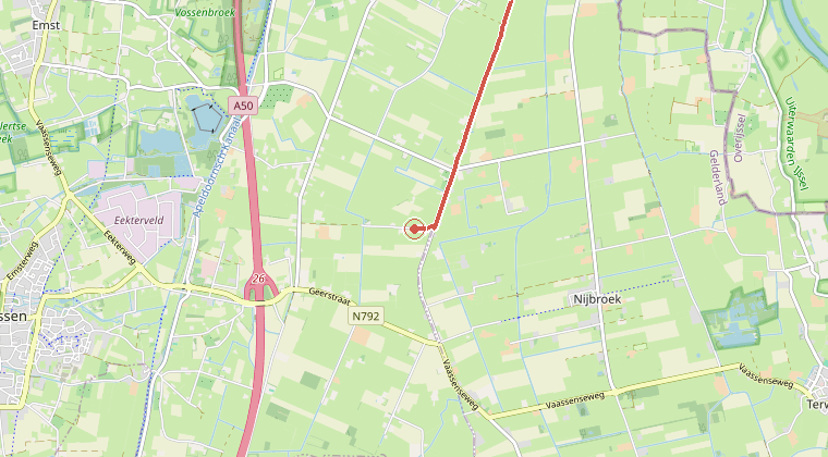 Kaart van de omgeving van de melding, met de kazerne die is gealarmeerd