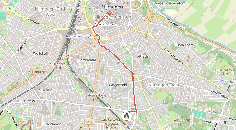 Kaart van de omgeving van de melding, met de kazerne die is gealarmeerd