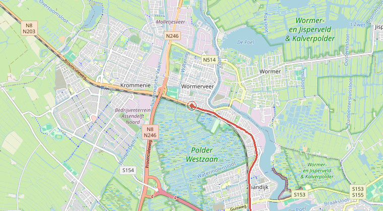 Kaart van de omgeving van de melding, met de kazerne die is gealarmeerd