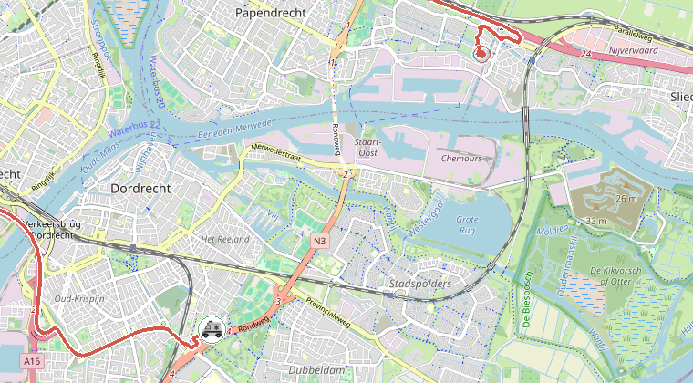 Kaart van de omgeving van de melding, met de kazerne die is gealarmeerd