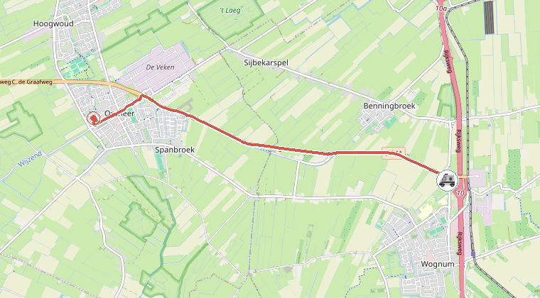 Kaart van de omgeving van de melding, met de kazerne die is gealarmeerd