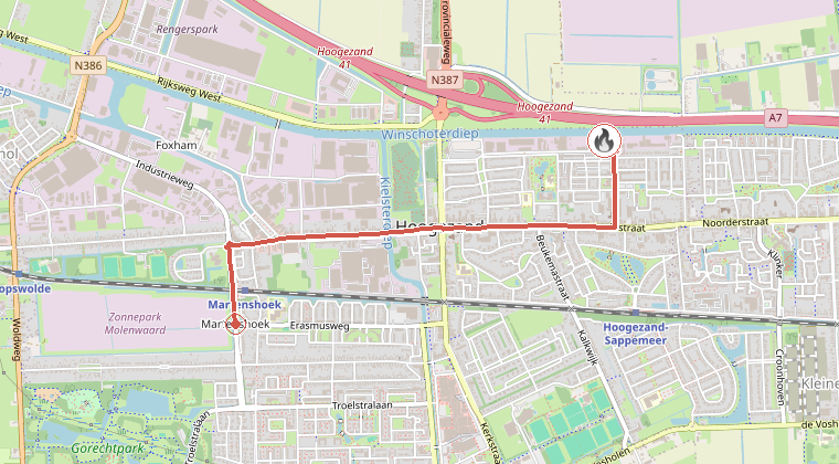 Kaart van de omgeving van de melding, met de kazerne die is gealarmeerd