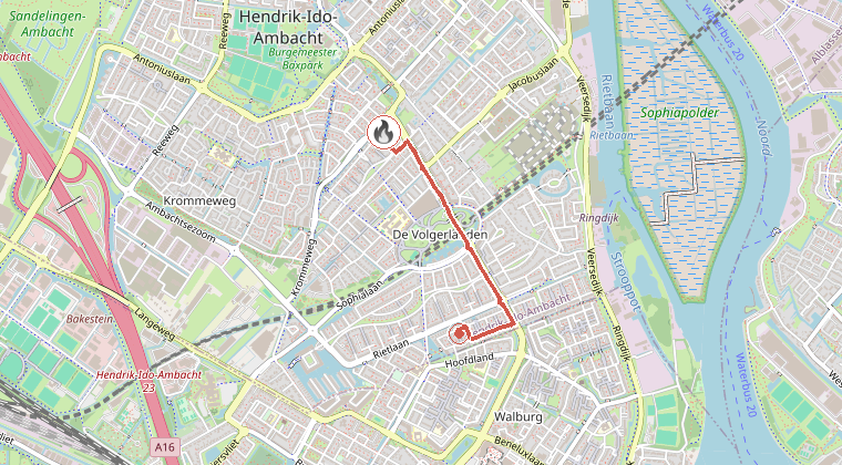 Kaart van de omgeving van de melding, met de kazerne die is gealarmeerd