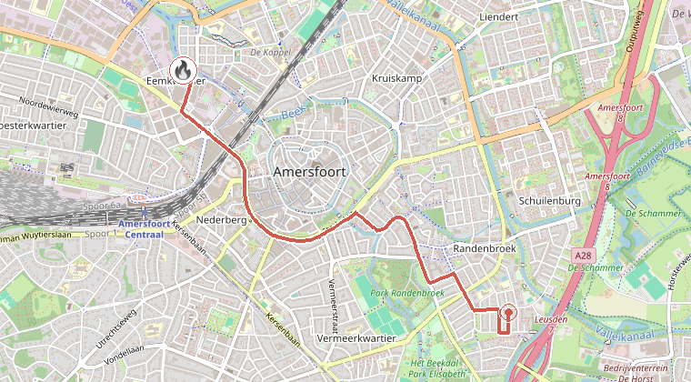 Kaart van de omgeving van de melding, met de kazerne die is gealarmeerd