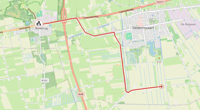 Kaart van de omgeving van de melding, met de kazerne die is gealarmeerd