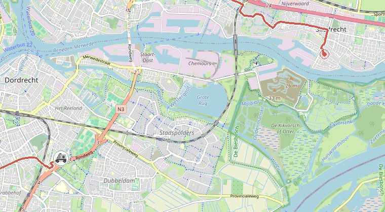 Kaart van de omgeving van de melding, met de kazerne die is gealarmeerd