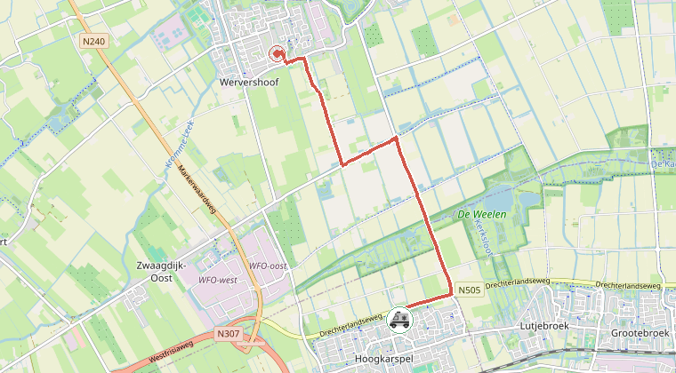 Kaart van de omgeving van de melding, met de kazerne die is gealarmeerd
