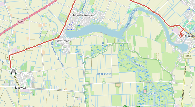 Kaart van de omgeving van de melding, met de kazerne die is gealarmeerd
