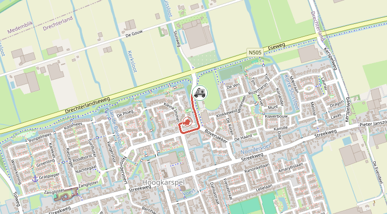 Kaart van de omgeving van de melding, met de kazerne die is gealarmeerd