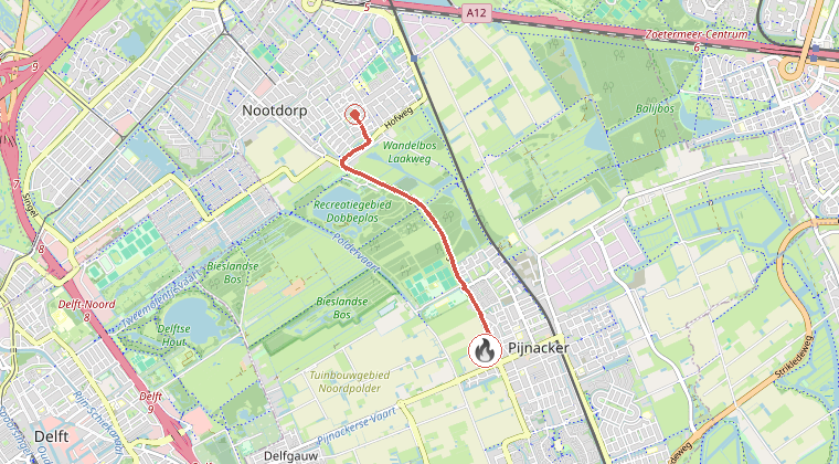 Kaart van de omgeving van de melding, met de kazerne die is gealarmeerd