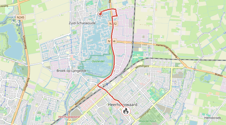Kaart van de omgeving van de melding, met de kazerne die is gealarmeerd