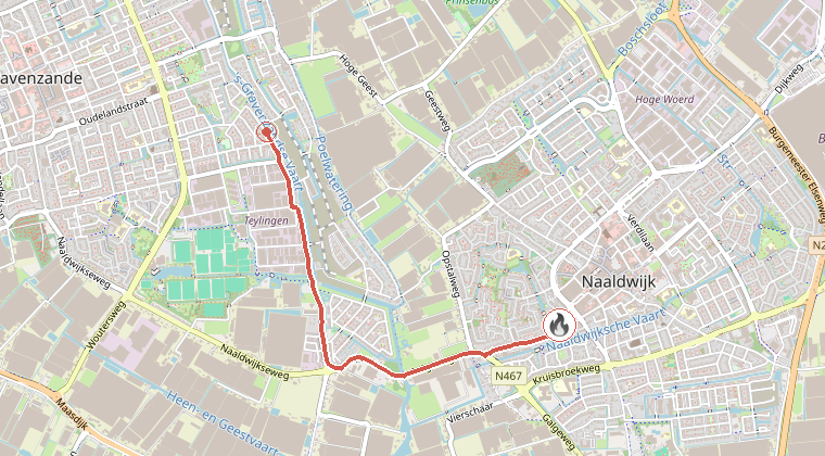 Kaart van de omgeving van de melding, met de kazerne die is gealarmeerd