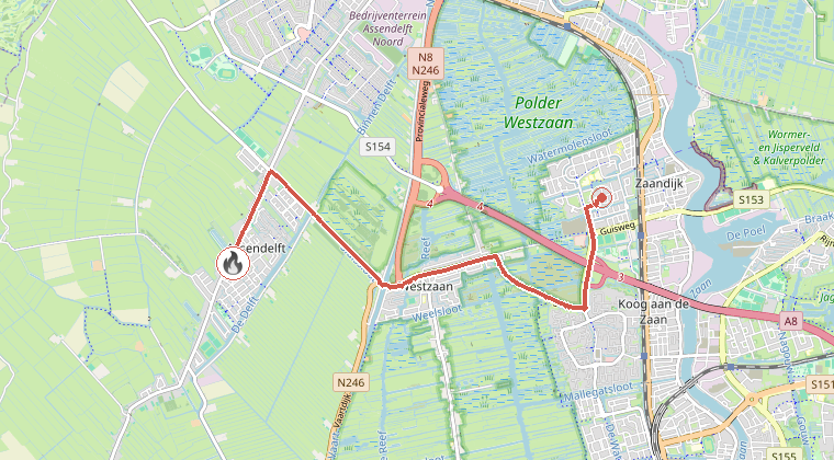Kaart van de omgeving van de melding, met de kazerne die is gealarmeerd