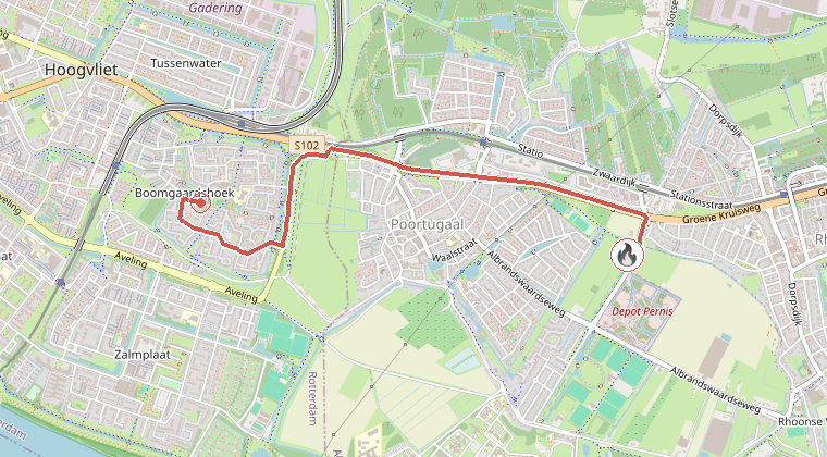 Kaart van de omgeving van de melding, met de kazerne die is gealarmeerd