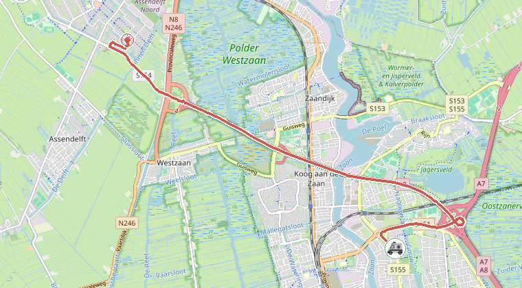 Kaart van de omgeving van de melding, met de kazerne die is gealarmeerd
