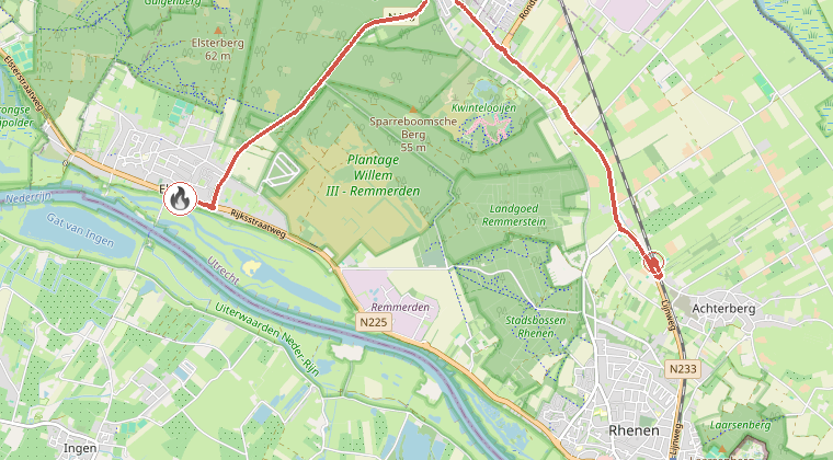 Kaart van de omgeving van de melding, met de kazerne die is gealarmeerd