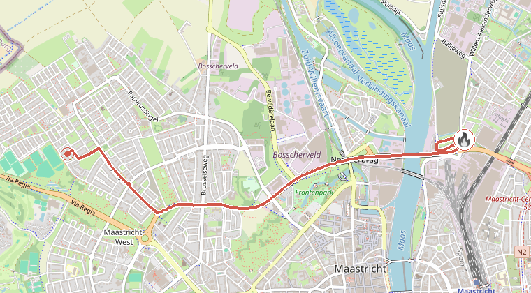 Kaart van de omgeving van de melding, met de kazerne die is gealarmeerd