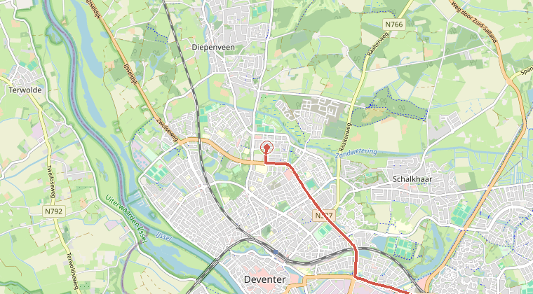 Kaart van de omgeving van de melding, met de kazerne die is gealarmeerd