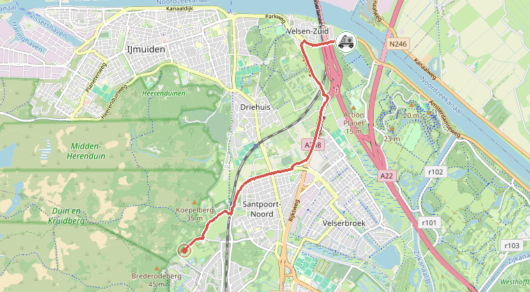 Kaart van de omgeving van de melding, met de kazerne die is gealarmeerd