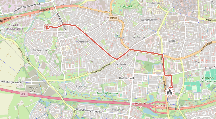 Kaart van de omgeving van de melding, met de kazerne die is gealarmeerd