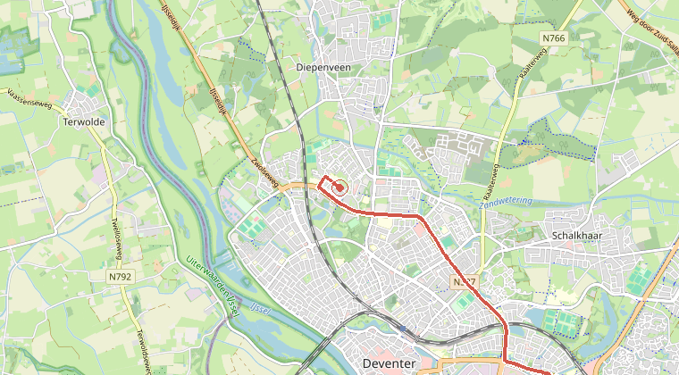 Kaart van de omgeving van de melding, met de kazerne die is gealarmeerd
