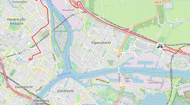 Kaart van de omgeving van de melding, met de kazerne die is gealarmeerd
