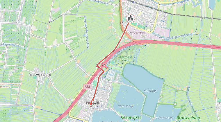 Kaart van de omgeving van de melding, met de kazerne die is gealarmeerd