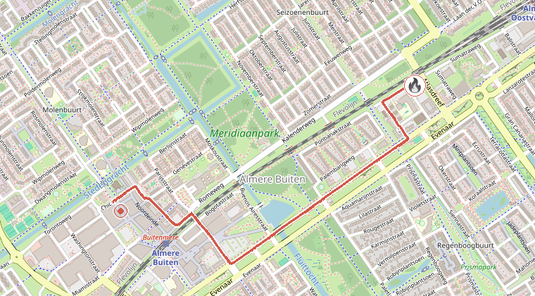 Kaart van de omgeving van de melding, met de kazerne die is gealarmeerd