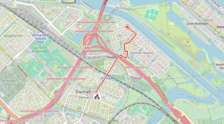 Kaart van de omgeving van de melding, met de kazerne die is gealarmeerd
