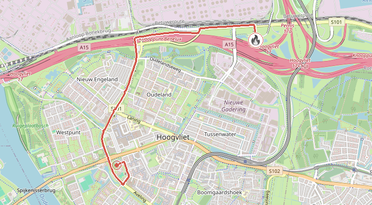 Kaart van de omgeving van de melding, met de kazerne die is gealarmeerd