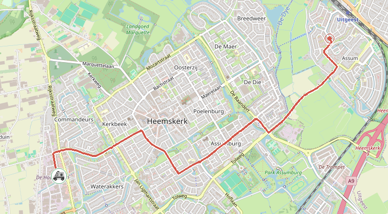 Kaart van de omgeving van de melding, met de kazerne die is gealarmeerd