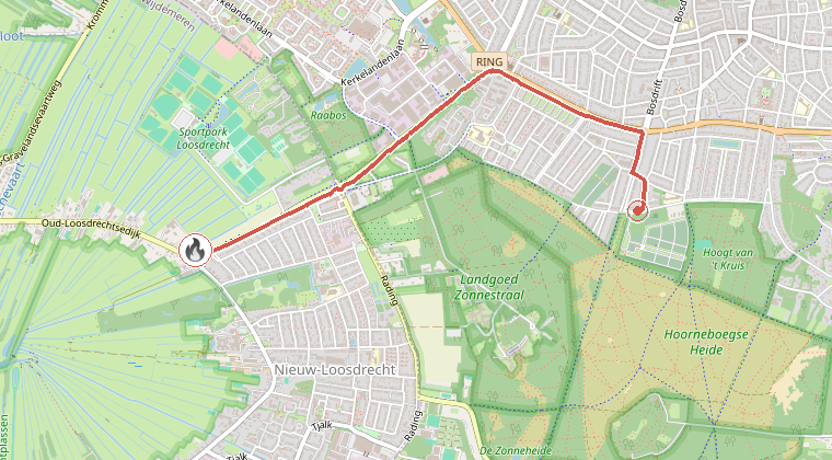 Kaart van de omgeving van de melding, met de kazerne die is gealarmeerd