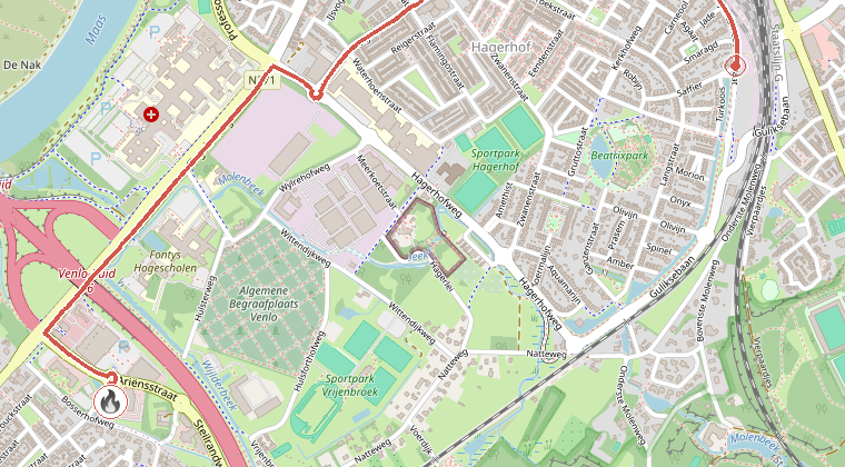 Kaart van de omgeving van de melding, met de kazerne die is gealarmeerd