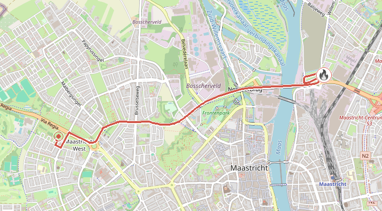 Kaart van de omgeving van de melding, met de kazerne die is gealarmeerd