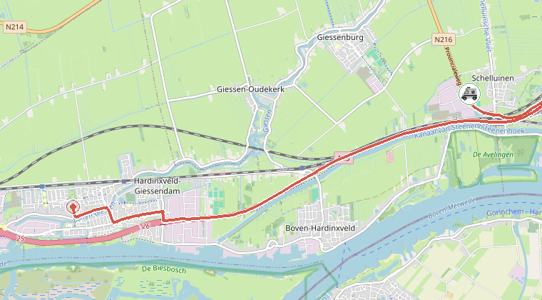 Kaart van de omgeving van de melding, met de kazerne die is gealarmeerd