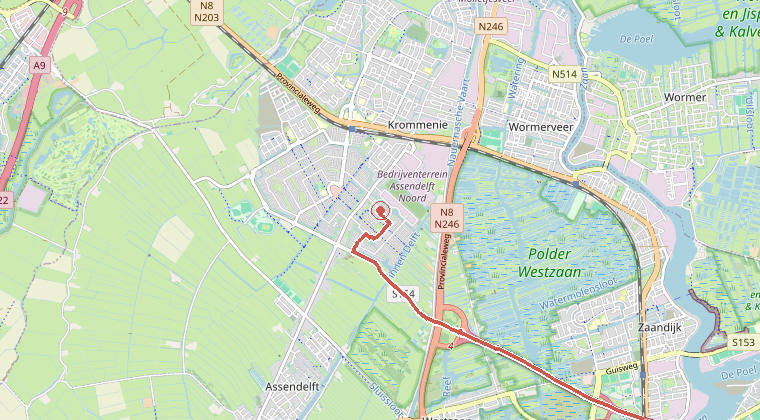 Kaart van de omgeving van de melding, met de kazerne die is gealarmeerd