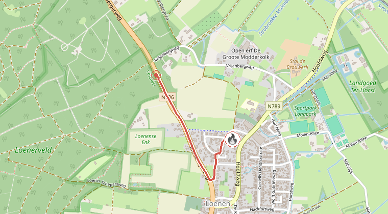 Kaart van de omgeving van de melding, met de kazerne die is gealarmeerd